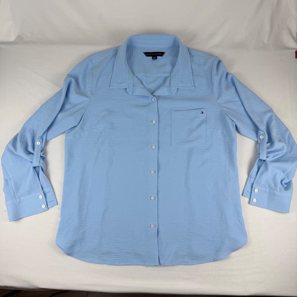 Tommy Hilfiger Womens Blue Textured Button Down Shirt Roll Tab Sleeve Pocket XL